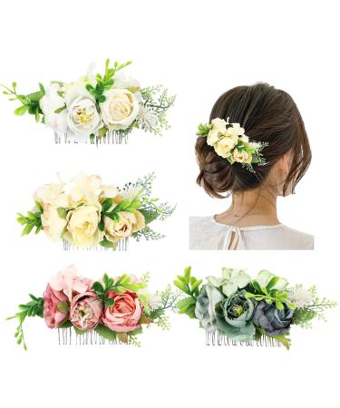 4 Pack Artificial Rose Flower Metal Silver Hair Side Combs Slide Hair Clips With Teeth Floral Hairpins French Barrettes Party Wedding Decorative Headpiece Bun Chignon Twist Hair Accessories for Women