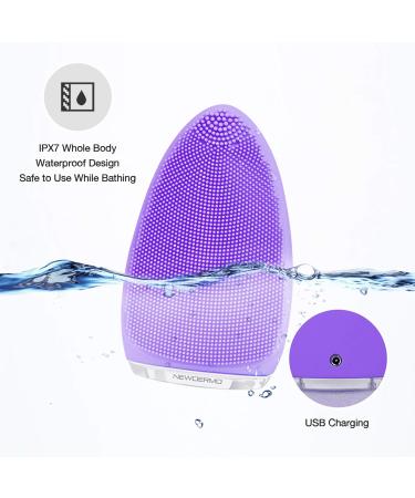 Facial Cleansing Brush by NEWDERMO Vibrating Silicone Face Scrubber - 2 Function Modes and 7 Speeds Rechargeable IPX7 Waterproof Face Brush for Deep Cleaning Pores Exfoliating and Massaging Purple - Buy Online on SooperMarket.com