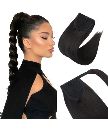 Wrap around Ponytail Hair Extension with Clip in One Piece Remy Human Hairpiece Straight 14 inches #1B Natural Black