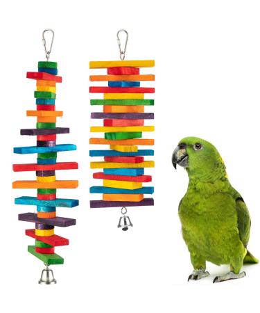 MEWTOGO 2Pcs Bird Toys - Parrot Toys with Multicolored Natural Wooden Blocks, Bird Chewing Sticks Toys for Conures Parakeets Cockatiels Lovebirds African Grey Macaws Amazon Parrots