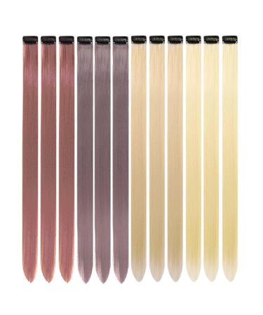 12 Pcs Colored Hair Extensions Colorful Clip in Hair Extensions 22 inch Synthetic Straight Hair Extensions for Kids Girls Women Brown