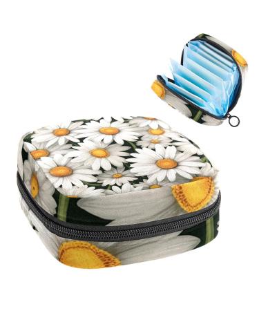 White Chamomiles Pattern Sanitary Napkin Storage Bag Feminine Menstrual Cup Pouches Nursing Pad Holder Tampon Bags Portable Period Bag for Women Teen Girls 1Pcs Multi-colored 4