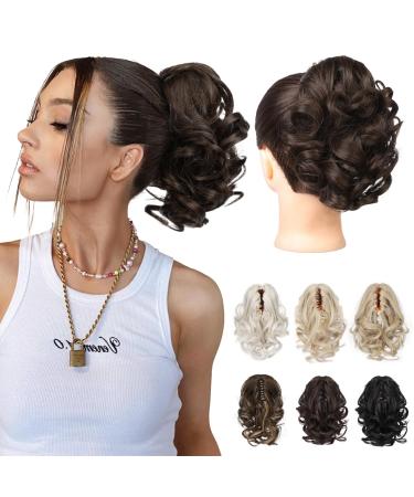 REECHO Ponytail Extension 9" Claw Clip in Short Curly Wavy Pony Hair Extension Jaw Clip on Pony Tail HP001 Hairpiece for Women - Dark Chocolate Brown