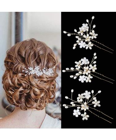 Sppry Wedding Hair Pins - Elegant Pearl Floral Crystal Hair Accessories for Bridal Women (Gold) - Set of 3 - Buy Online on SooperMarket.com