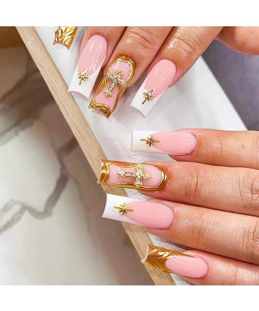 MISUD Press on Nails Long Square Fake Nails Glossy Glue on Nails 3D Gold French Tip Acrylic Nails Squoval Artificial Nails Cross Rhinestone Stick on False Nails with Design 24 pcs 05923Gold