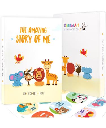KiddosArt Baby Memory Book. Keepsake Journal, Scrapbook, Photo Album. Record Your Girl or Boy Memories and Milestones of The First 5 Years on 72 Beautiful Pages. 12 Monthly Stickers Included. Starring: Happy Animals