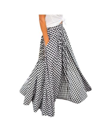 Sanahy Women Mopping Floor Length Big Hem Vintage Plaid Beach High Waist Maxi Skirt Party A-Line Big Hem Long Skirt with Pockets L Black