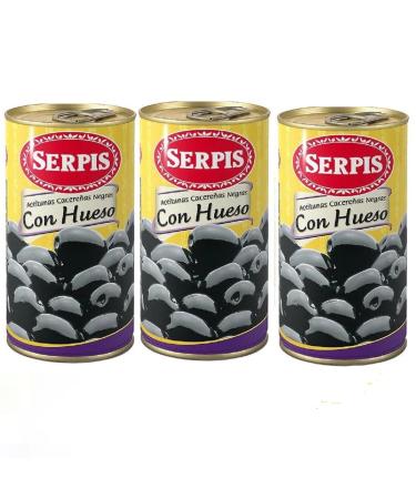 El Serpis Spanish Black Cacere as Olives with Bone 3 x 300 g I Seasoned with Salt and Vinegar I Perfect to Combine with Tapas and Salads I Gluten and Lactose Free