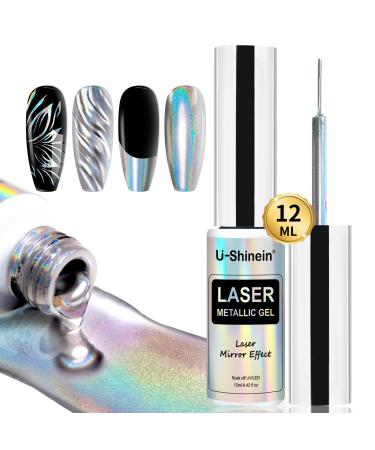 U-Shinein Metallic Painting Gel Nail Art 3D Mirror Effect Gel Nail Polish Painted Drawing Gel Build in Thin Brush Soak Off Silver Gel for Salon Home DIY Manicure Laser Silver