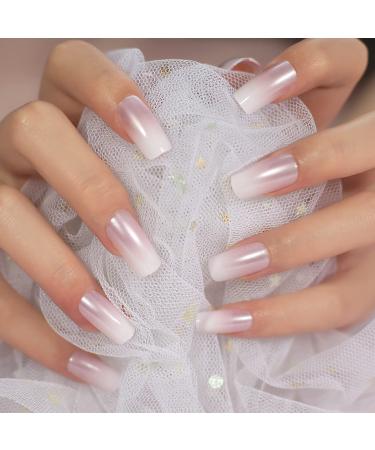 Medium Long Press on Nails Square Pink White Gradient False Nails Full Cover Fake Nails Faux Ongles Daily DIY Manicure Christmas Nail Art Tips