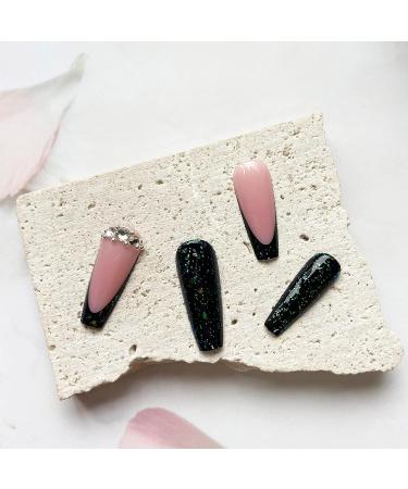 Green Rhinestone French Tip Press on Coffin Nails - Medium Full Cover Glitter Acrylic False Nails for Women - Buy Online on SooperMarket.com