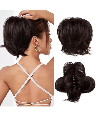 REECHO Hair Bun Claw Clip Messy Bun Hair Piece Short Ponytail Extension with Bendable Metal Wire Fake Bun Hair Pieces for Women - Dark Brown
