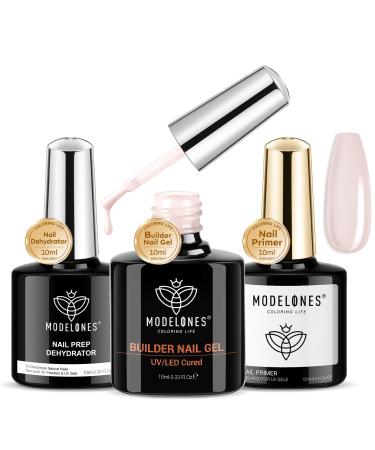Modelones Pink Builder Gel with Nail Primer& Nail Dehydrator Set Professional Nail Superior Bonding Primer Gel Builder for Nails Hard Gel Strengthener Extension Builder Gel in a Bottle Gel Polish Nude Pink