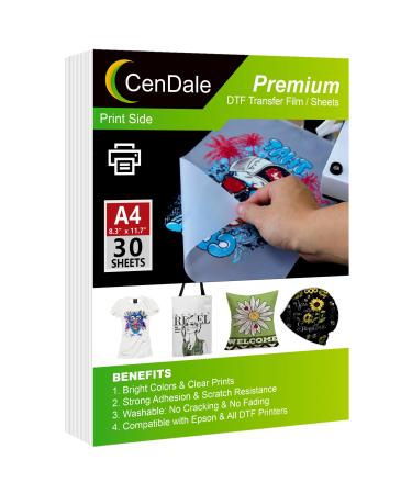 CenDale DTF Transfer Film - A4(8.3 x 11.7) 30 Sheets Double-Sided Matte Clear PreTreat Sheets- PET Heat Transfer Paper for DYI Direct Print on T-Shirts Textile A4-30 sheets