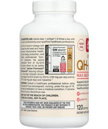 QH-Absorb 100 mg Max Absorption - CoQ10 Ubiquinol - Up to 120 Servings (Softgels) - Supports Mitochondrial Health Cellular Energy Production & Healthy Cardiovascular Function - Buy Online on SooperMarket.com