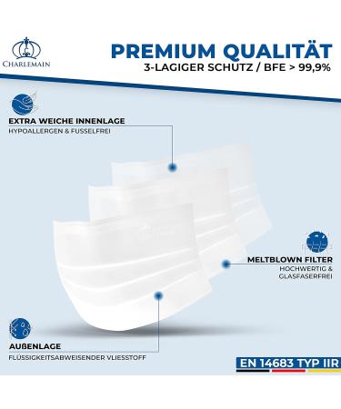 Charlemain 150x Surgical Masks - German Made EN 14683 Type IIR CE Certified BFE 99.9% Disposable 3-Layer Latex-Free Mouth and Nose Protection - 150 Pack White - Buy Online on SooperMarket.com