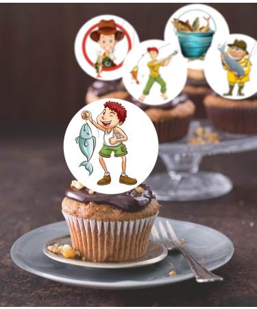 24 x Pre-Cut Fishing 1 Edible Stand up Wafer Paper Cupcake Toppers Cake Decorations Birthday Party Fisherman Fish