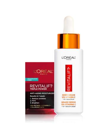 L'Oreal Paris Revitalift 12% Pure Vitamin C Serum, Vitamin E, Salicylic Acid, Moisturizing, Smoothing & Brightening, Non Greasy + Moisturizer Sample