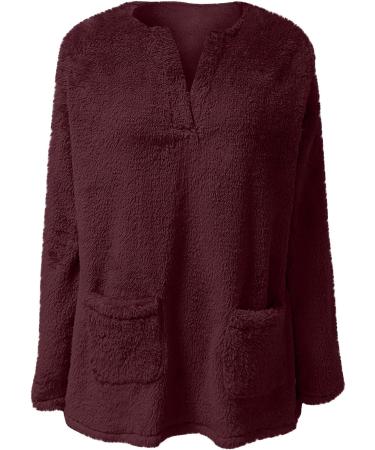 AMhomely Women's Plus Size Teddy Fleece Hoodie with Pocket - Soft Double Fleece Pullover for Winter Lounge Wear - Wine Red - Buy Online on SooperMarket.com
