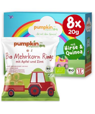 Pumpkin Organics Children's Snack Bio Multi -grain Rings Apple and cinnamon (8 -pack) Baby snacks without additives from the 8th month - allergen -free and gluten -free crispy snacks for children (8x20g) Bio multiple grain rings apple & cinnamon