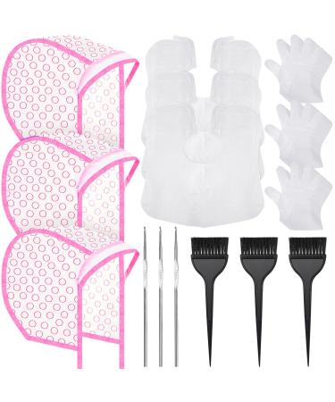 3 Sets Hair Coloring Kit, Includes 3 Pcs of PVC Hair Coloring Caps with 3 Pcs Styling Tools, 3 Pcs Disposable Hair Dye Shawl, 3 Pairs Gloves, 3 Pc Dye Brushes for Dyeing Hair (Pink)
