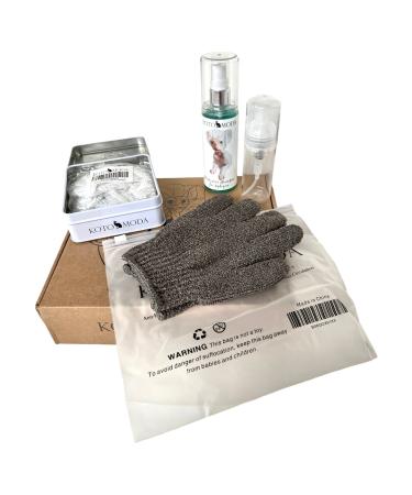 Kotomoda Bath Shower SPA Set for Sphynx and Other Naked Pets Shampoo 120 ml with Foam Generator  Shower caps in The tin Box  Bathing Gloves