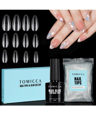 Tomicca Artificial nail tips Tips for gel nails Gel N gel Almond Medium Nail tips with glue set 120 pcs soft gel full cover nail tips professional salon quality - 12 sizes 120stk -alomnde