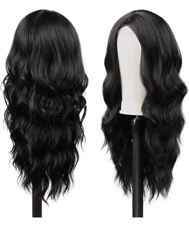 Long Black Wavy Wig for Women 24 Inch Middle Part Curly Synthetic Hair Natural Looking Heat Resistant Fiber for Daily Party Use (Black) - Buy Online on SooperMarket.com