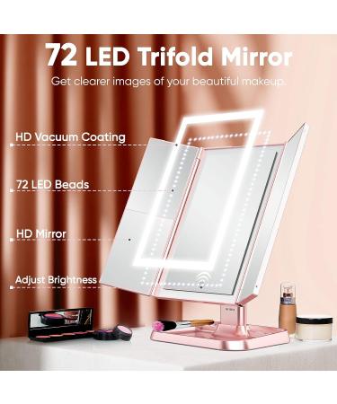 Trifold Makeup Mirror with Lights - 3 Color Modes, 72 LED Vanity Mirror, 1x/2x/3x Magnification, Touch Control, Portable High Definition Cosmetic Mirror - Pale Pink - Buy Online on SooperMarket.com
