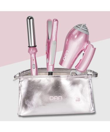 DAN Technology Hair Styling Set - Travel Hair Dryer Mini Flat Iron Curling Iron European Plug Dual Voltage - Portable & Stylish in Pink - Buy Online on SooperMarket.com
