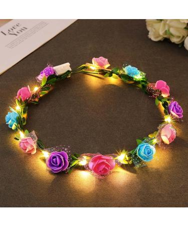 Zoestar Light Up Flower Crown Headband LED Hair Wreath Headbands Bridal Floral Headpiece Festival Party Hair Accessories for Women and Girls (Colorful Standard Size)