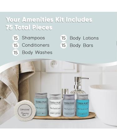 White Tea and Coconut Hotel Soaps & Toiletries Bulk Set | Terra Pure Collection | 1oz Shampoo, Conditioner, Body Wash, Lotion & 1.25oz Bar Soap | 75-Piece Travel Size Kit - Buy Online on SooperMarket.com