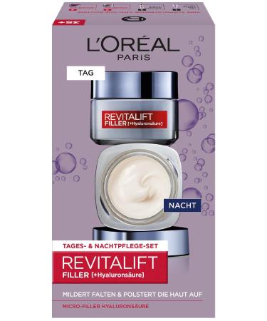 L'Or al Paris facial care set anti-aging hyaluron day care and night care against wrinkles with micro filler hyaluronic acid Revitalift Filler 2 x 50 ml daily & night care set 100 ml (1 Pack)