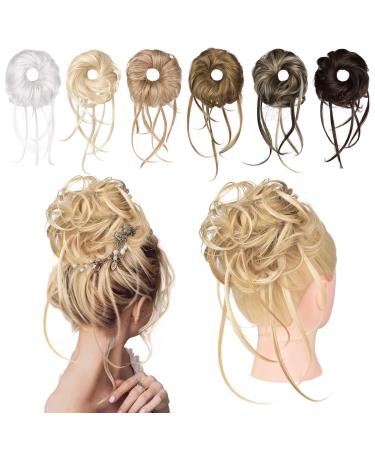 Messy Bun Hair Piece REECHO Super Long Tousled Updo Hair Bun Extensions Wavy Hair Wrap Ponytail Hair Scrunchies with Elastic Hair Band Hair Accessory for Women Girls - Blonde with Highlights