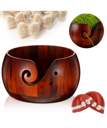 WILLBOND Wooden Yarn Bowl, 6 x 3 Inches Knitting Yarn Bowls with Holes Crochet Bowl Holder Handmade Yarn Storage Bowl for DIY Knitting Crocheting Accessories