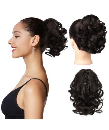 REECHO Ponytail Extension 9" Short Curly Wavy Claw Clip Pony tails Hair Extensions HP001 Hairpieces for Women - Black Brown