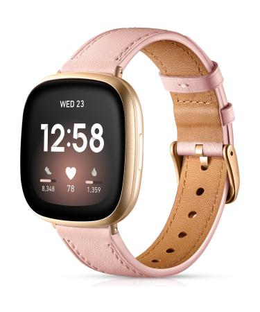 Maledan Compatible with Fitbit Sense/Fitbit Versa 3 Bands for Women Men, Soft Genuine Leather Band Slim Strap Replacement Accessories Wristband for Fitbit Versa 3/Fitbit Sense Smart Watch, Pink