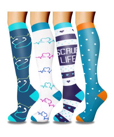 Actinput 4 pairs of compression stockings for women men colorful support stockings compression socks for sports flight running travel cycling nurse 4104 - blue S -M