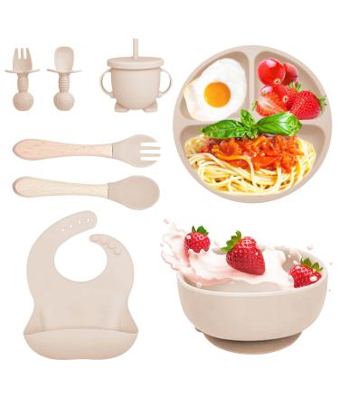 Bizcasa 8 pieces silicone baby dishes slippery children's tableware set children's dishes with suction cup non-slip baby bowl baby plate baby cutlery for toddlers BPA free (beige)