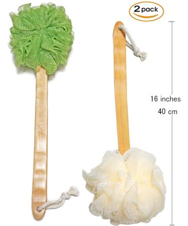 Shower Loofah Body & Back Scrubber - Exfoliating Bath Brush | Long Wooden Handle For Men & Women | 2 Pack - White & Green - Buy Online on SooperMarket.com