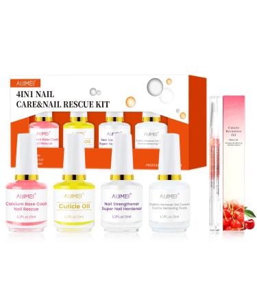 AIJIMEI 4in1 Professional Nail Kit Cuticle Remover Gel Cream Calcium Primer for Strengthening Nails Care with Nail Hardener Nail Strengthener and Cuticle Oil Base Coat & Top Coat & Cuticle Oils