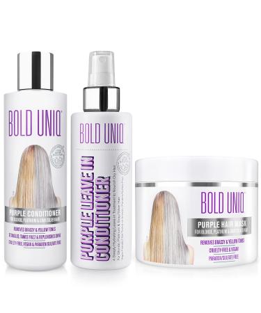 Purple Hair Mask For Blonde, Platinum, Bleached, Silver, Gray, Ash, and Brassy Hair & Purple Conditoiner & Purple Leave-in Bundle - Remove Yellow Tones and Condition Dry, Damaged Hair - Vegan