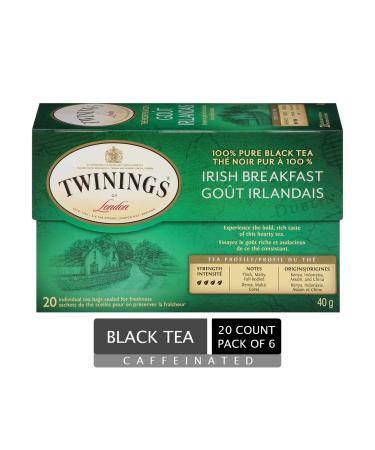 Twinings Irish Breakfast Individually Wrapped Tea Bags | Caffeinated Thick Malty Full-Bodied 100% Black Tea | 20 Count (Pack of 6) | Enjoy Hot or Iced Irish Breakfast 20 Count (Pack of 6)