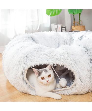 LUCKITTY Warm Plush Cat Dog Tunnel Bed with Washable Cushion-Big Tube Playground Toys 3 FT Diameter Longer Crinkle Collapsible 3 Way, for Indoor Cat Kitty Kitten Puppy Rabbit Ferret