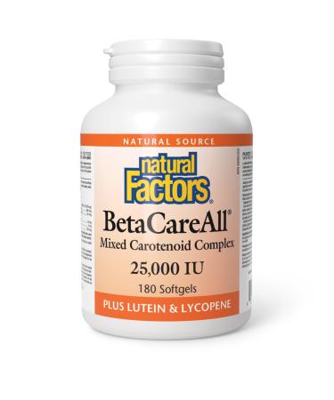 Natural Factors BetaCareAll Complex 25000IU 180 Softgels with Beta Carotene Alpha Carotene Lycopene Lutein Zeaxanthin Helps support vision health healthy skin bones teeth and immune function