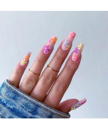 Luvadeyo 24 PCs Matte Nude Pink Press On Nails Medium Glue on Nails With Flowers Pattern Coffin Square Stick on Nails Full Cover Fake Nails for Women Girls Colored Flowers