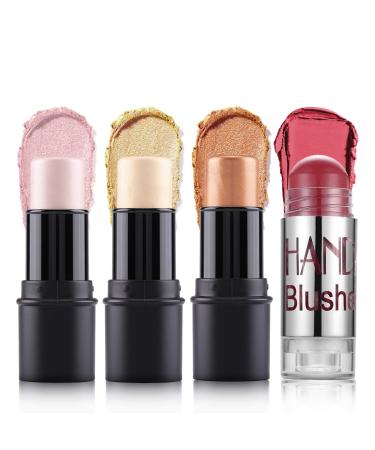 DELISOUL 4 Pack Face Highlighter and Blush Sticks Cream Blush Stick for Cheeks & Lips Shimmer Highlighter Makeup Stick Professional Long-lasting Face Shaping Foundation Creamy Pen Stick Makeup Set B