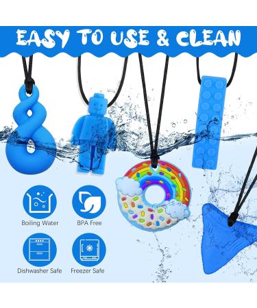 5Pcs Sensory Chew Necklace Blue Teether Chew Toys for Autistic Children | Anxiety Biting Needs Silicone Chewy Teether Toy - Food Grade Silicone for Kids Teething - Buy Online on SooperMarket.com
