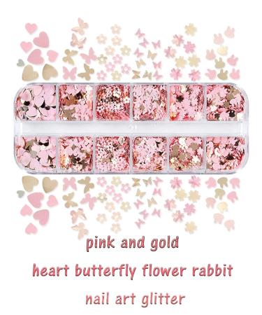 12 Grids Holographic Nail Glitter Set for Acrylic Nails - Butterfly Flower Heart Rabbit Pink Gold Sequins for Valentine's Day Nail Decoration - Buy Online on SooperMarket.com