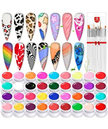 Saviland 36 Colors Gel Paint Nail Art Kit -French Ombre Nail Kit Spring Color Solid Nail Art Gel Polish with 15pcs Painting Drawing Nail Brushes for DIY Nail Art Design & Manicure Nail Salon A-36 Colors Gel Paint Kit